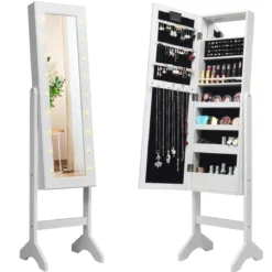 18 LED-Schmuckschrank neigungsverstellbar Schmuckregal Spiegelschrank für Makeup Weiß