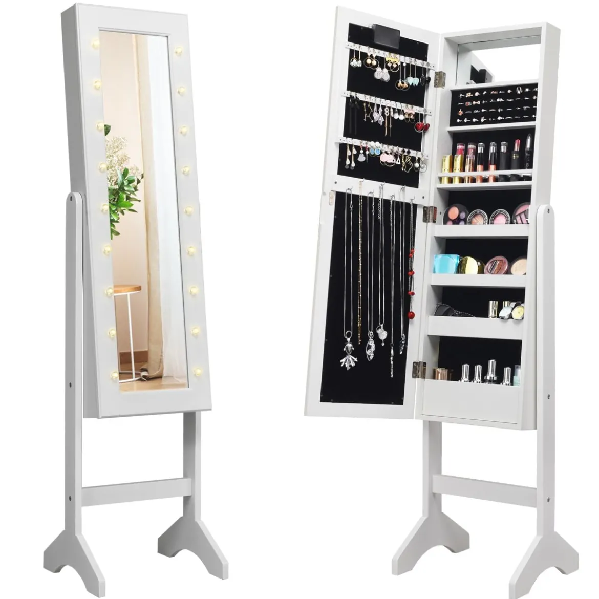 18 LED-Schmuckschrank neigungsverstellbar Schmuckregal Spiegelschrank für Makeup Weiß