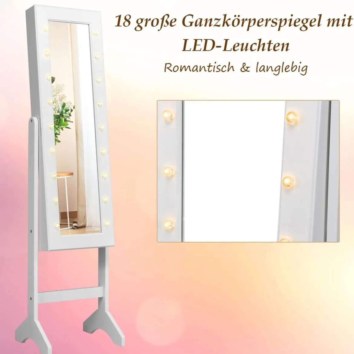 18 LED-Schmuckschrank neigungsverstellbar Schmuckregal Spiegelschrank für Makeup Weiß