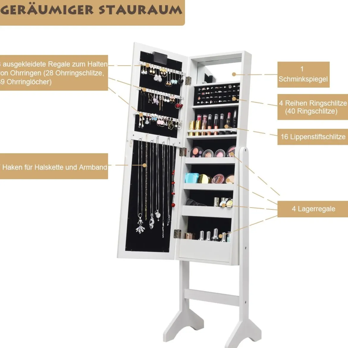 18 LED-Schmuckschrank neigungsverstellbar Schmuckregal Spiegelschrank für Makeup Weiß