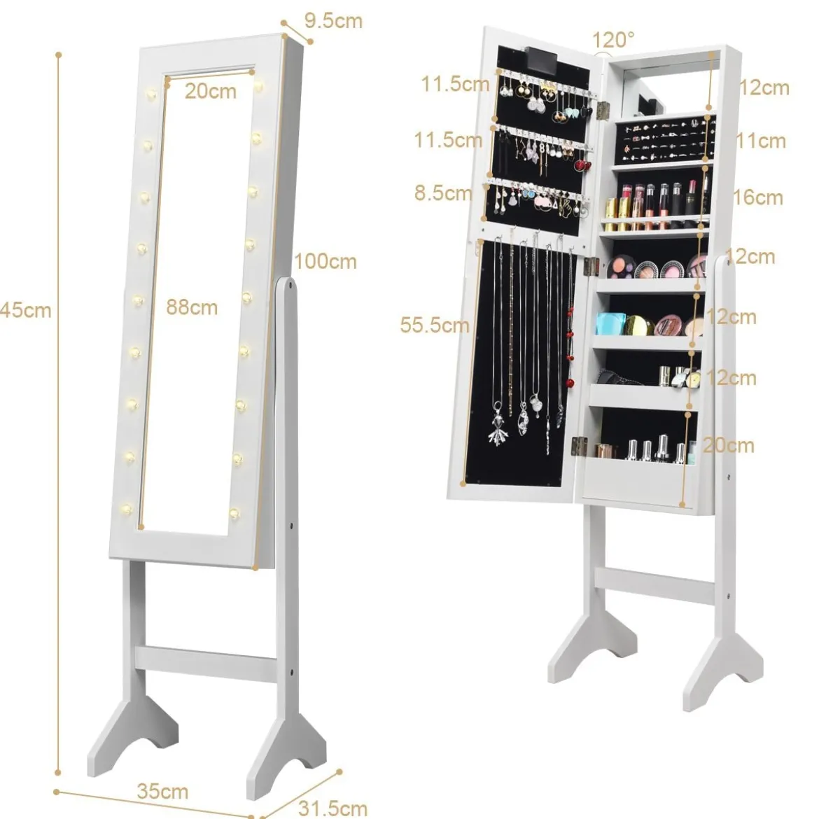 18 LED-Schmuckschrank neigungsverstellbar Schmuckregal Spiegelschrank für Makeup Weiß
