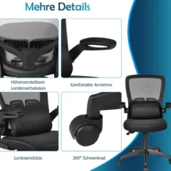 Leichter Netzstoff-Bürostuhl mit Lendenwirbelstütze Bürostuhl 61 x 61 x 98 - 106 cm Schwarz