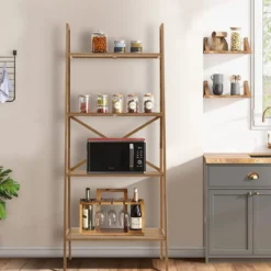 Leiterregal aus Bambus mit Kippschutz 4 Ebenen Bücherregal 60 x 35,5 x 148 cm Natur
