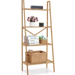 Leiterregal aus Bambus mit Kippschutz 4 Ebenen Bücherregal 60 x 35,5 x 148 cm Natur