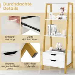 Leiterregal freistehend 134cm Bücherregal mit 4 offenen Regalen und 2 Schubladen vielseitiges Standregal Weiß