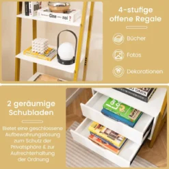 Leiterregal freistehend 134cm Bücherregal mit 4 offenen Regalen und 2 Schubladen vielseitiges Standregal Weiß