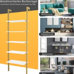 Leiterregal mit 5 Ebenen & Metallrahmen Standregal Bücherregal 61 x 30 x 183 cm Golden