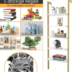 Leiterregal mit 5 Ebenen & Metallrahmen Standregal Bücherregal 61 x 30 x 183 cm Golden