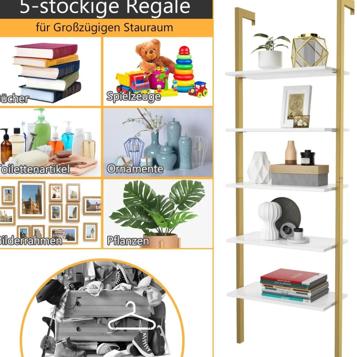 Leiterregal mit 5 Ebenen & Metallrahmen Standregal Bücherregal 61 x 30 x 183 cm Golden