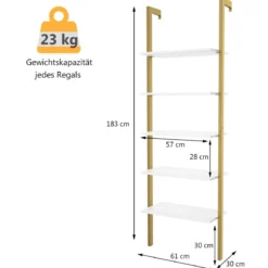 Leiterregal mit 5 Ebenen & Metallrahmen Standregal Bücherregal 61 x 30 x 183 cm Golden