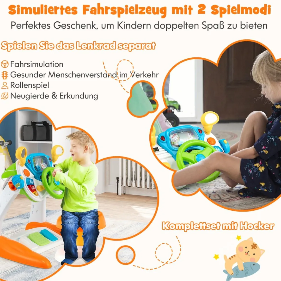 Lenkrad-Spielzeug Interaktives Fahrspielzeug mit Hocker & Licht & Musik & Megaphon