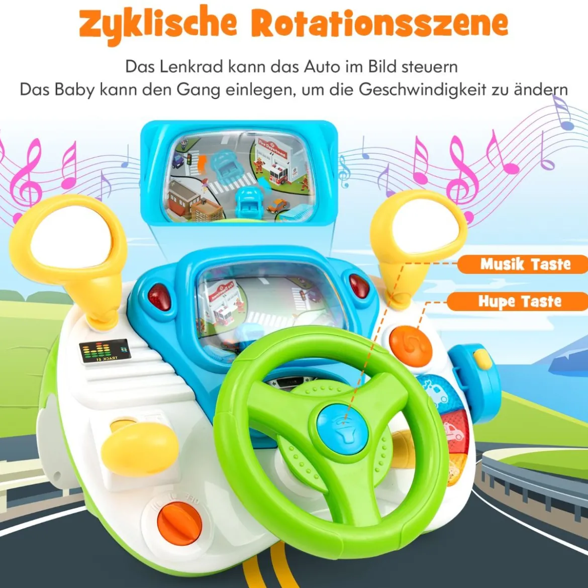 Lenkrad-Spielzeug Interaktives Fahrspielzeug mit Hocker & Licht & Musik & Megaphon