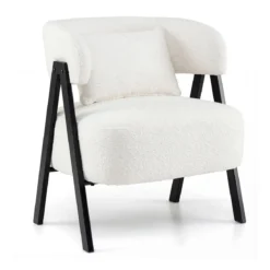 Lesesessel Sessel mit Kunstfell bezogen Loungesessel mit Lendenkissen & Metallbeinen moderner Relaxsessel Weiß