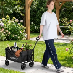 92 L Faltbarer Vielseitiger Bollerwagen mit Verstellbarem Griff Bremse 150 kg Tragkraft Schwarz