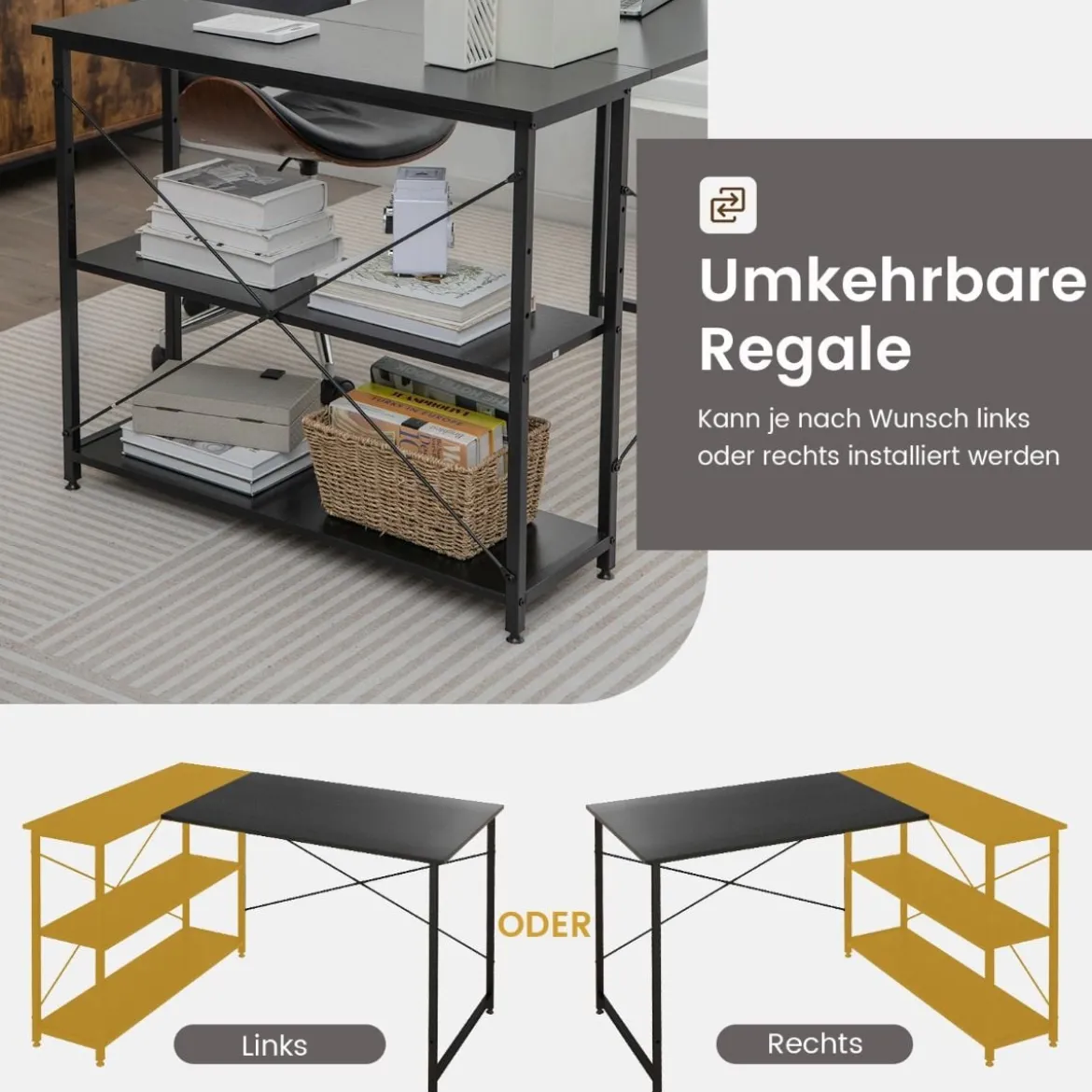 L-Form Schreibtisch Eck-Computertisch mit Ablagefächern Bürotisch 120 x 88 x 74,5 cm Schwarz