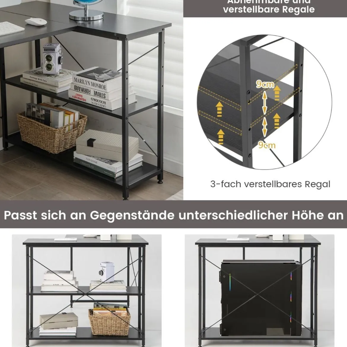 L-Form Schreibtisch Eck-Computertisch mit Ablagefächern Bürotisch 120 x 88 x 74,5 cm Schwarz
