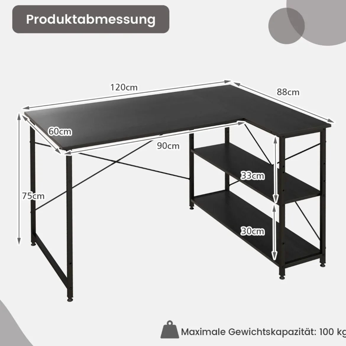 L-Form Schreibtisch Eck-Computertisch mit Ablagefächern Bürotisch 120 x 88 x 74,5 cm Schwarz