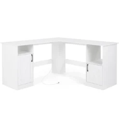 L Form Schreibtisch mit 2 Schränke & Ladestation & 4 Offene Regale Eckschreibtisch Bürotisch Weiß
