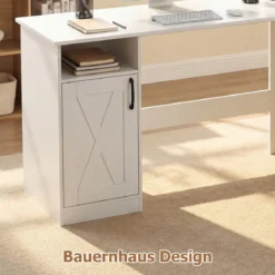 L Form Schreibtisch mit 2 Schränke & Ladestation & 4 Offene Regale Eckschreibtisch Bürotisch Weiß
