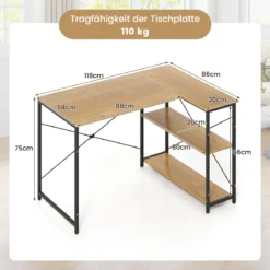 L-förmiger Computer Desk umkehrbarer Eckschreibtisch mit verstellbarem Regal platzsparender Schreib- und Studiertisch Natur