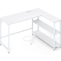 L-förmiger Schreibtisch Computertisch mit Ladestation & Ablagefächern moderner Gamingtisch Weiß