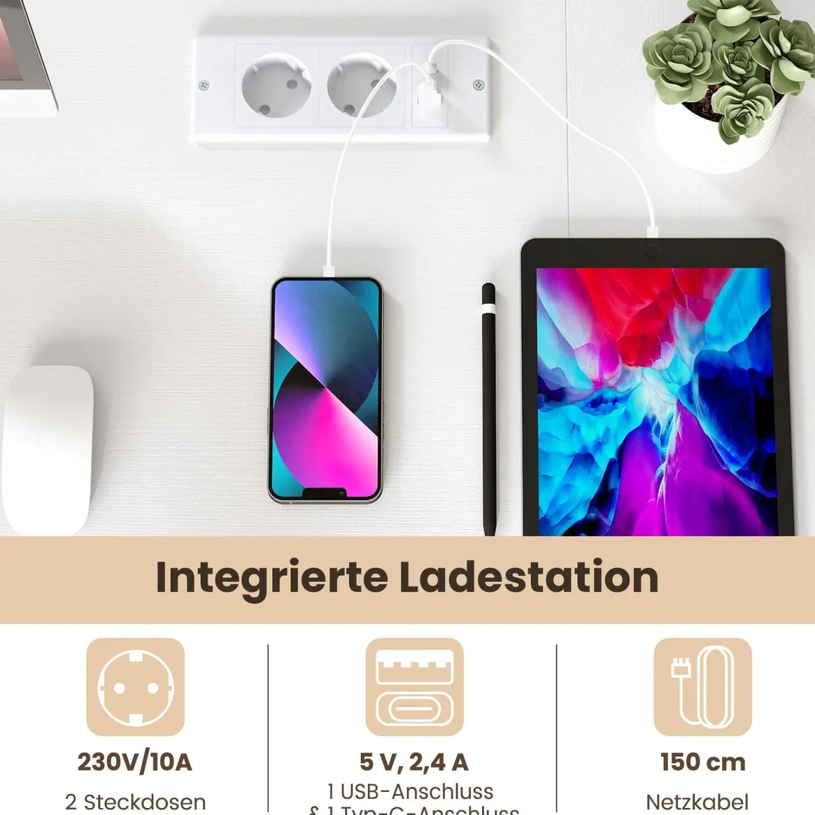 L-förmiger Schreibtisch Computertisch mit Ladestation & Ablagefächern moderner Gamingtisch Weiß