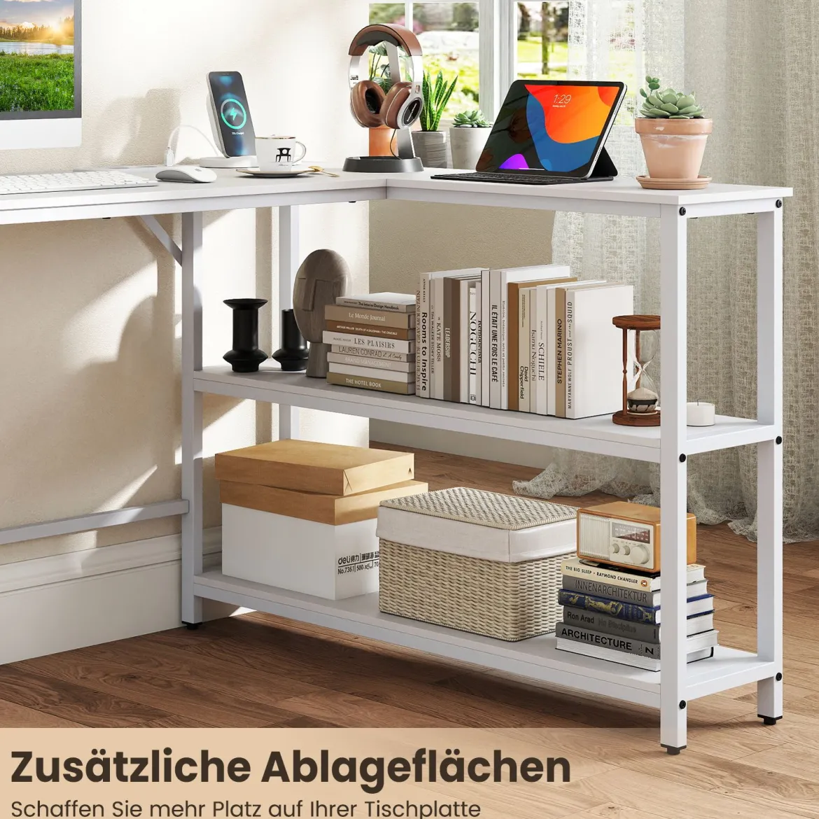L-förmiger Schreibtisch Computertisch mit Ladestation & Ablagefächern moderner Gamingtisch Weiß
