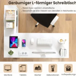 L-förmiger Schreibtisch Computertisch mit Ladestation & Ablagefächern moderner Gamingtisch Weiß