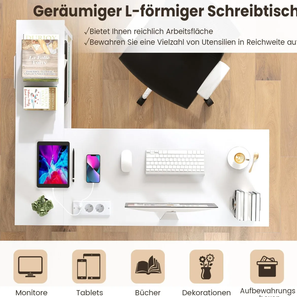 L-förmiger Schreibtisch Computertisch mit Ladestation & Ablagefächern moderner Gamingtisch Weiß