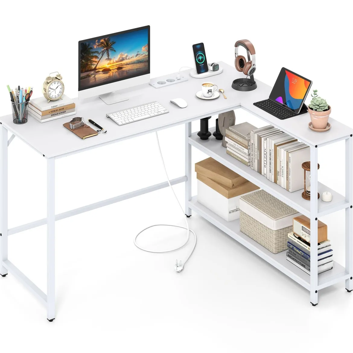L-förmiger Schreibtisch Computertisch mit Ladestation & Ablagefächern moderner Gamingtisch Weiß