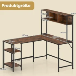 L-förmiger Schreibtisch mit Bücherregal Eckschreibtisch Gaming Tisch Computertisch Rustikal Braun