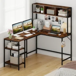 L-förmiger Schreibtisch mit Bücherregal Eckschreibtisch Gaming Tisch Computertisch Rustikal Braun