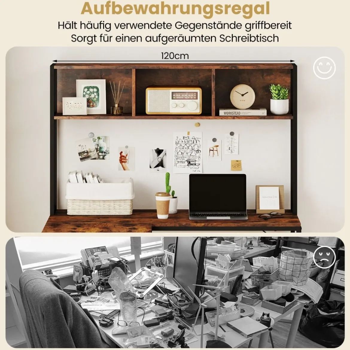 L-förmiger Schreibtisch mit Bücherregal Eckschreibtisch Gaming Tisch Computertisch Rustikal Braun