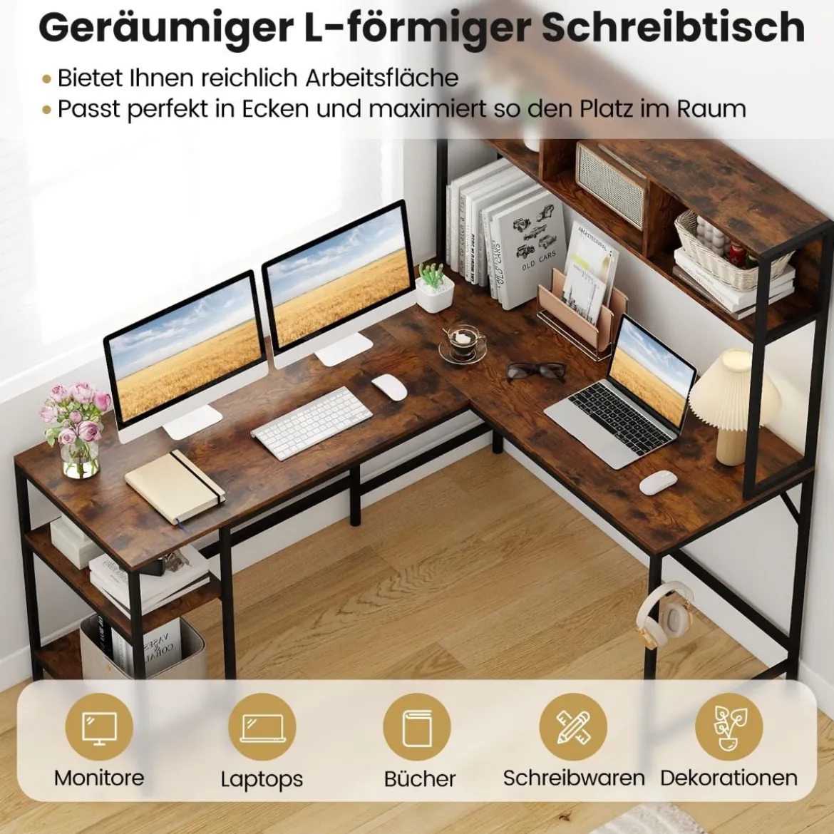 L-förmiger Schreibtisch mit Bücherregal Eckschreibtisch Gaming Tisch Computertisch Rustikal Braun