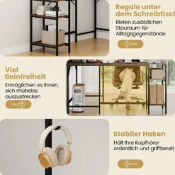 L-förmiger Schreibtisch mit Bücherregal Eckschreibtisch Gaming Tisch Computertisch Rustikal Braun