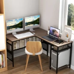 L-förmiger Schreibtisch mit Ladestation reversibler Eckschreibtisch mit Gitterregalen & CPU-Ständer