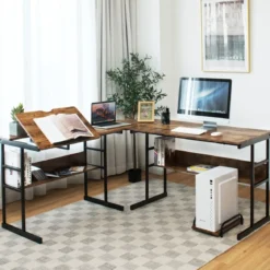 L-förmiger Schreibtisch mit neigbarer Tischplatte unterem Bücherregal & CPU-Ständer Zeichentisch Computertisch 170 x 150 x 75 cm