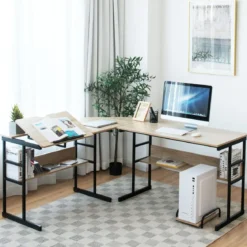 L-förmiger Schreibtisch mit neigbarer Tischplatte unterem Bücherregal & CPU-Ständer Zeichentisch Computertisch 170 x 150 x 75 cm