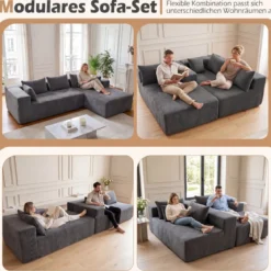 L-förmiges Modulsofa für 4 Personen mit Chaiselongue bis 600 kg Belastbar 275 x 177 x 58 cm Grau