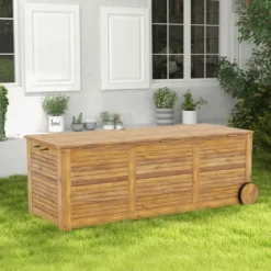 182L Gartenbox aus Holz auf Rollen mit Wasserfester Innentasche & Griff 127 x 50 x 45 cm