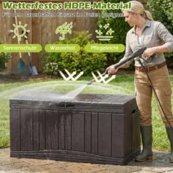300 L Gartenbox großer HDPE-Aufbewahrungsbox mit Gasdruckfedern & abschließbarem Deckel Braun