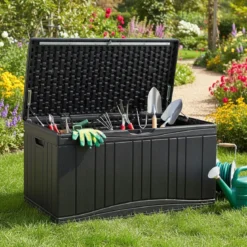 300 L Gartenbox großer HDPE-Aufbewahrungsbox mit Gasdruckfedern & abschließbarem Deckel Schwarz