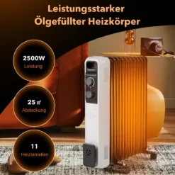 Ölgefüllter Heizkörper Elektroheizung mit 3 Heizstufen 49 x 24 x 62 cm Schwarz
