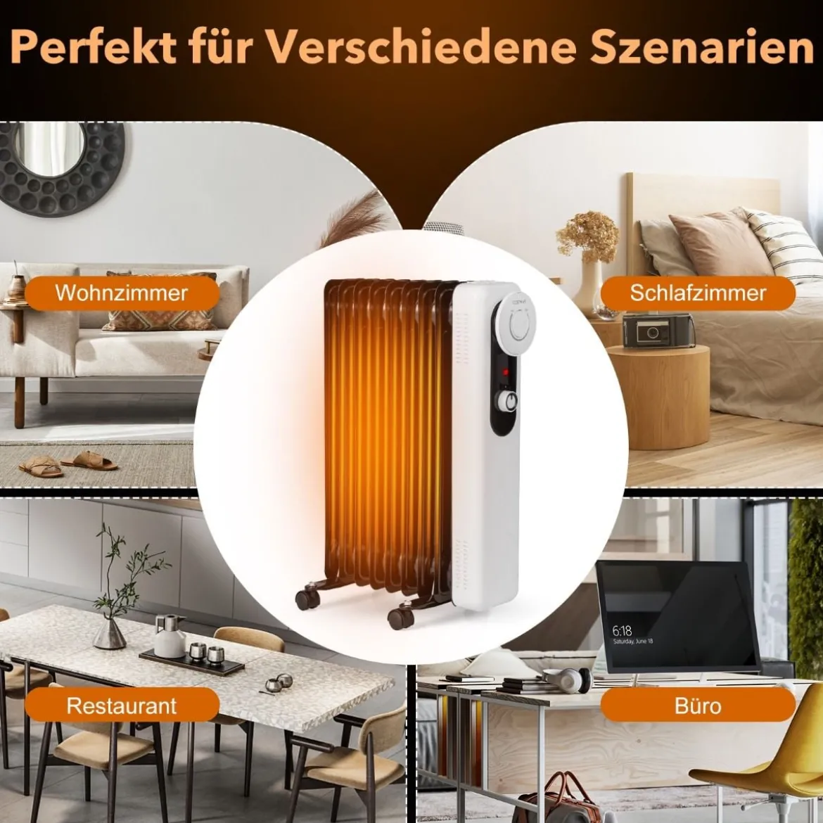 Ölgefüllter Heizkörper mit 3 Heizstufen Einstellbarem Thermostat 42 x 24 x 62 cm Schwarz