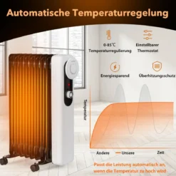 Ölgefüllter Heizkörper mit 3 Heizstufen Einstellbarem Thermostat 42 x 24 x 62 cm Schwarz