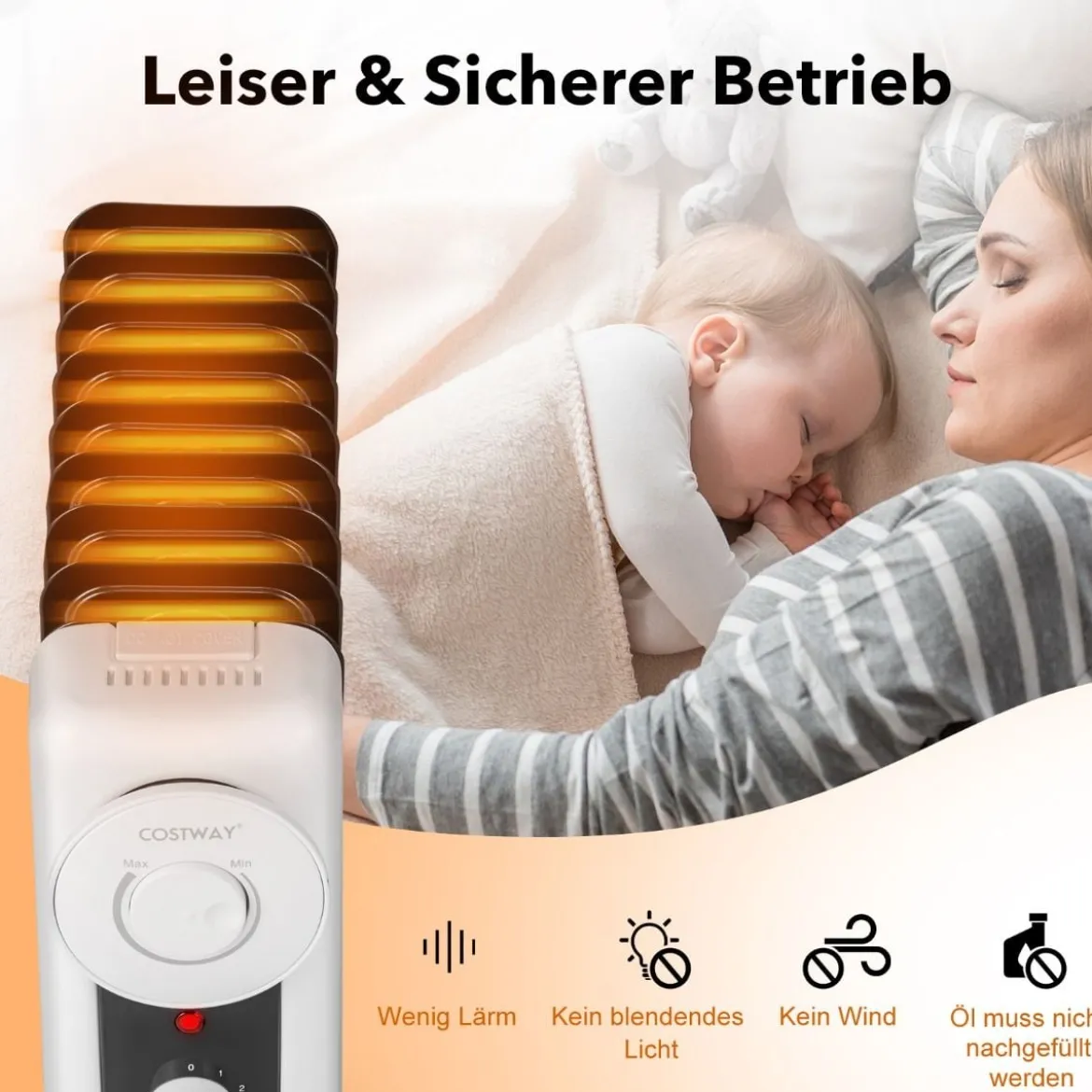 Ölgefüllter Heizkörper mit 3 Heizstufen Einstellbarem Thermostat 42 x 24 x 62 cm Schwarz