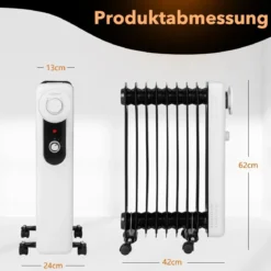Ölgefüllter Heizkörper mit 3 Heizstufen Einstellbarem Thermostat 42 x 24 x 62 cm Schwarz