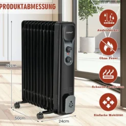 Ölgefüllter Heizkörper Tragbare Elektroheizung mit 3 Heizstufen 50 x 24 x 62 cm Schwarz
