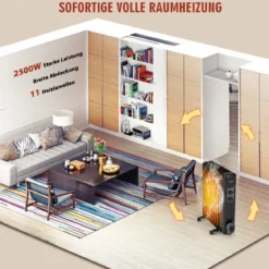 Ölgefüllter Heizkörper Tragbare Elektroheizung mit 3 Heizstufen 50 x 24 x 62 cm Schwarz