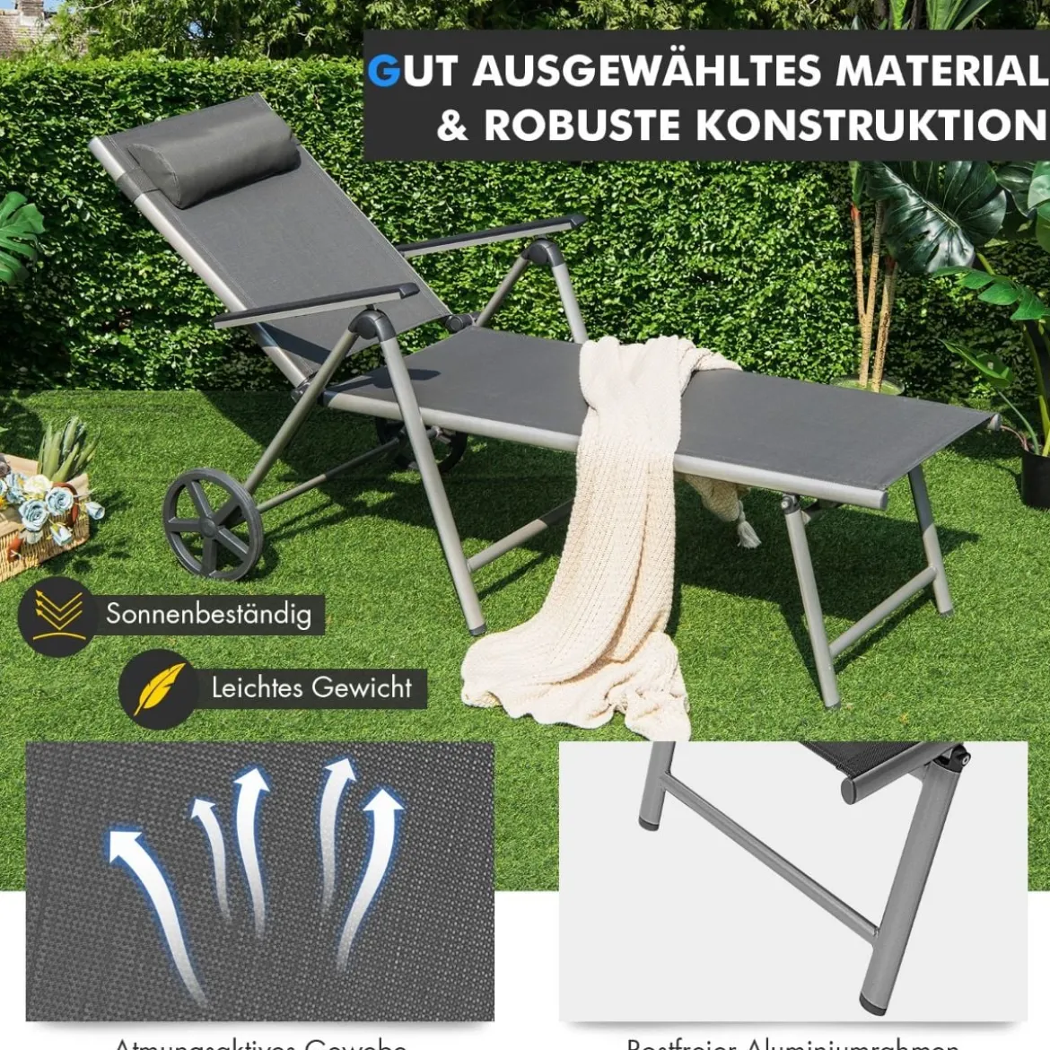 Liegestuhl aus Aluminium mit Rollen Klappbare Sonnenliege 137,5 x 75 x 23,5 cm Grau